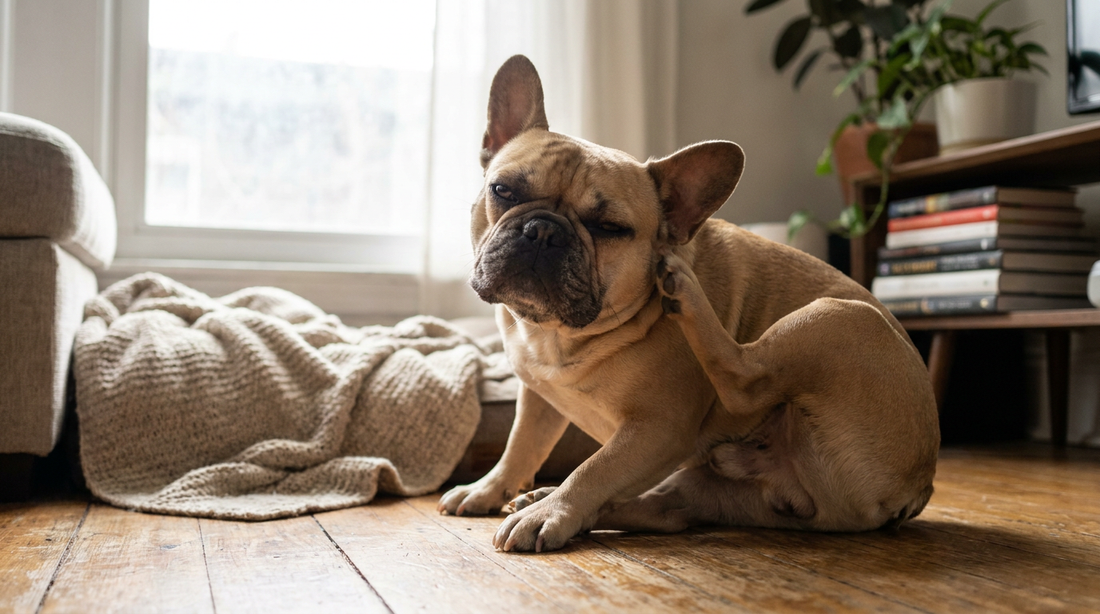 Francia bulldog vakarózik a nappaliban – bőrallergia