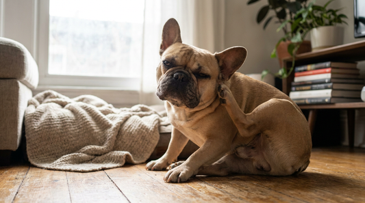 Francia bulldog vakarózik a nappaliban – bőrallergia