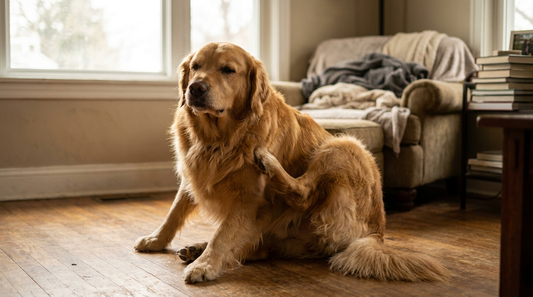 Golden retriever vakarózik a nappaliban – bőrallergia